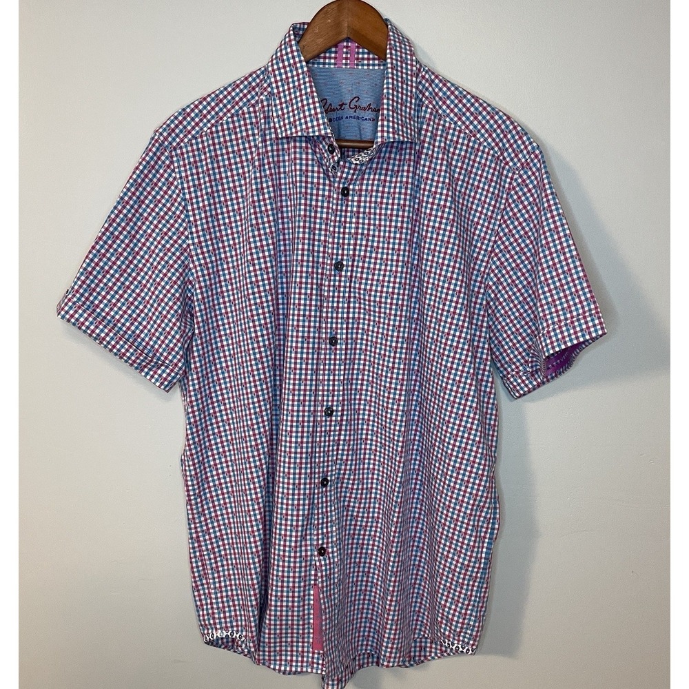 Robert Graham Shirt Men XL‎ Blue Pink Check Button Up Short Sleeve
